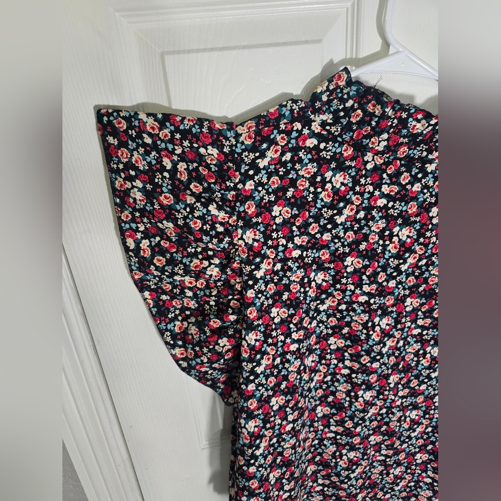 Womens Short Sleeve Floral Ruffle High Neck Casual Blouse Large - Picture 6 of 9